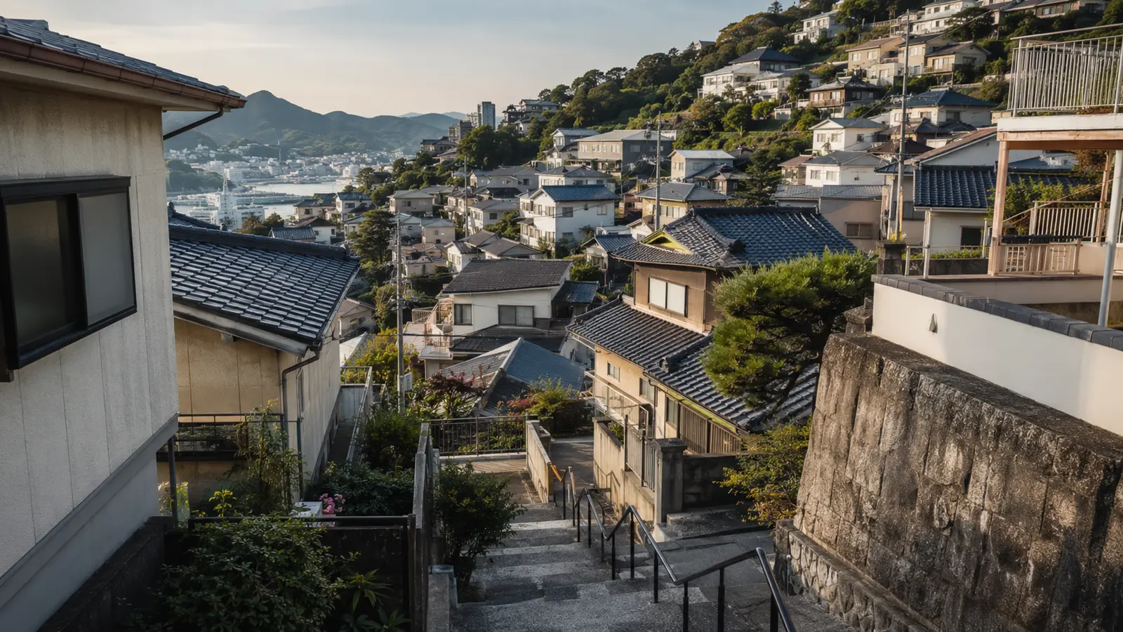 階段と斜面に沿って住宅が並ぶ長崎の住宅地