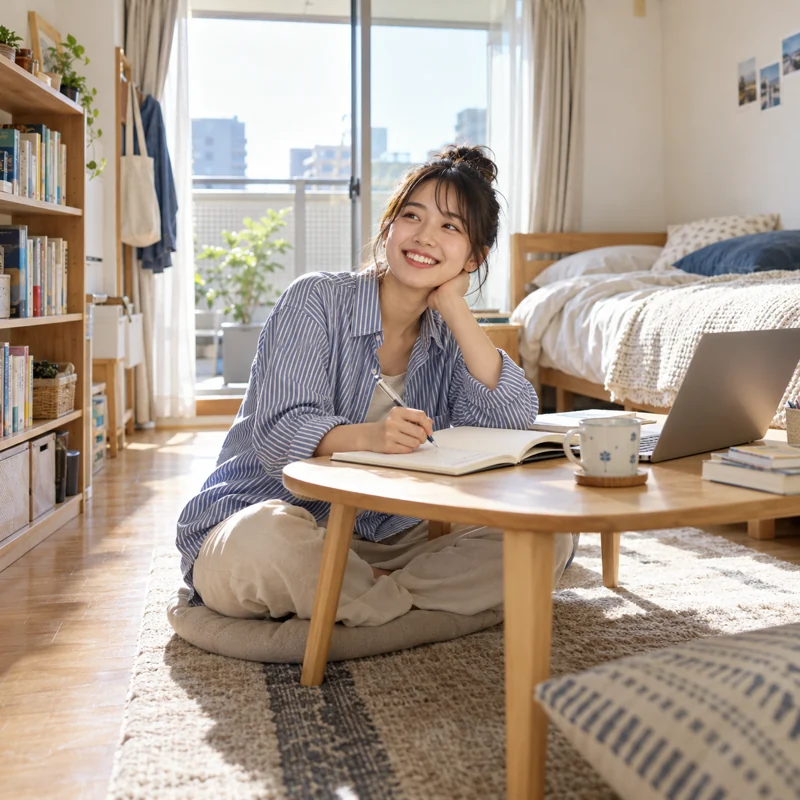 大学生がコンパクトな部屋で楽しく暮らすイメージ