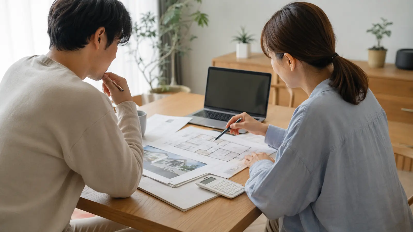 中古住宅購入の資金計画を話し合う若い夫婦